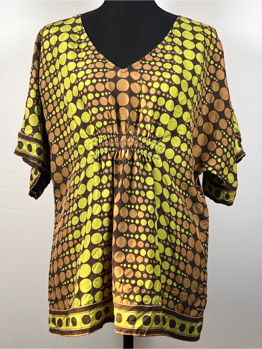 Michael Kors 100% Silk Green and Brown Polka Dot Blouse, Size Large